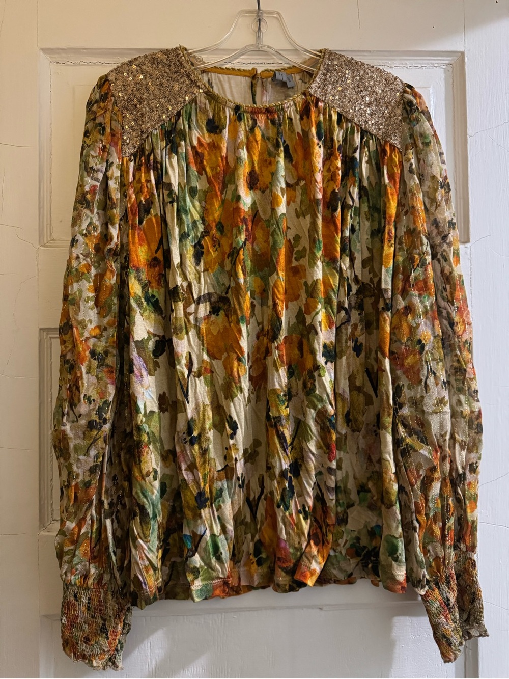 Floral Sequin Yoke Long-Sleeve Blouse in Multicolor